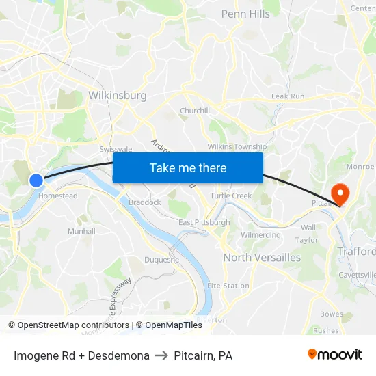 Imogene Rd + Desdemona to Pitcairn, PA map