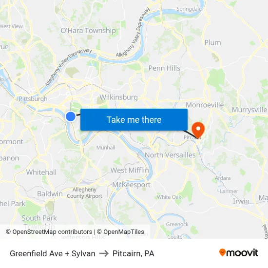 Greenfield Ave + Sylvan to Pitcairn, PA map