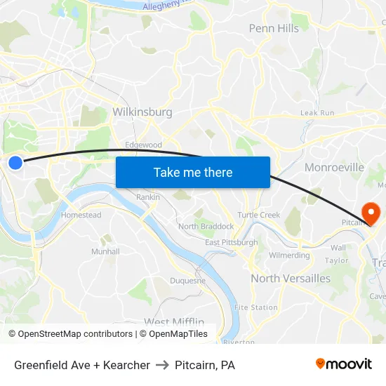 Greenfield Ave + Kearcher to Pitcairn, PA map
