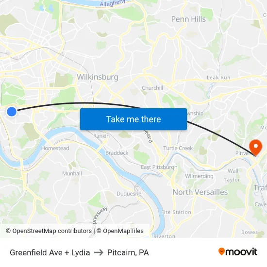 Greenfield Ave + Lydia to Pitcairn, PA map