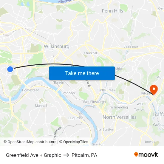 Greenfield Ave + Graphic to Pitcairn, PA map
