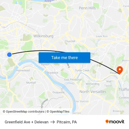 Greenfield Ave + Delevan to Pitcairn, PA map