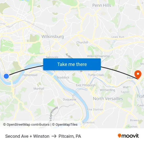 Second Ave + Winston to Pitcairn, PA map