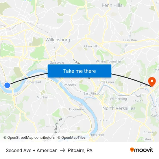 Second Ave + American to Pitcairn, PA map