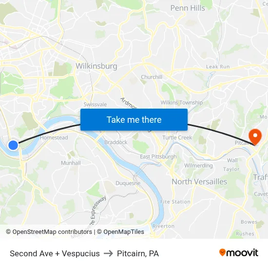 Second Ave + Vespucius to Pitcairn, PA map