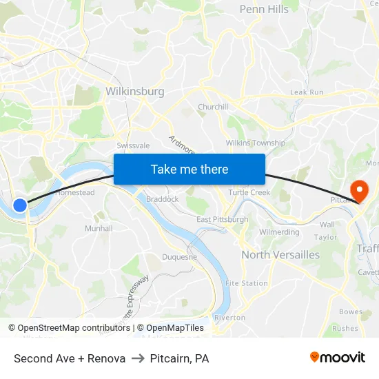 Second Ave + Renova to Pitcairn, PA map
