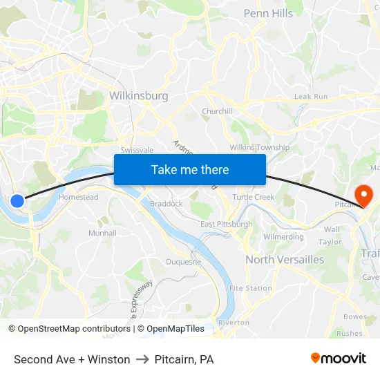 Second Ave + Winston to Pitcairn, PA map