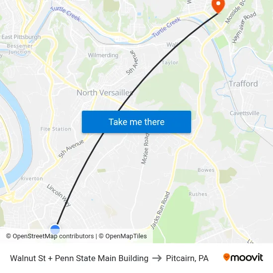 Walnut St + Penn State Main Building to Pitcairn, PA map