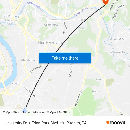 University Dr + Eden Park Blvd to Pitcairn, PA map