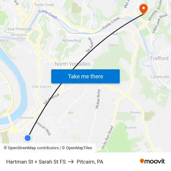 Hartman St + Sarah St FS to Pitcairn, PA map