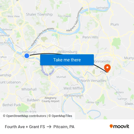 Fourth Ave + Grant FS to Pitcairn, PA map