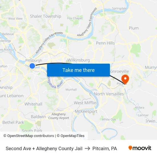 Second Ave + Allegheny County Jail to Pitcairn, PA map
