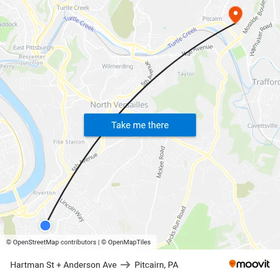 Hartman St + Anderson Ave to Pitcairn, PA map