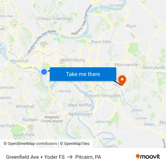 Greenfield Ave + Yoder FS to Pitcairn, PA map