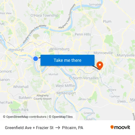Greenfield Ave + Frazier St to Pitcairn, PA map