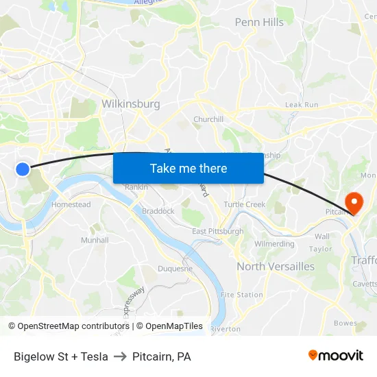 Bigelow St + Tesla to Pitcairn, PA map