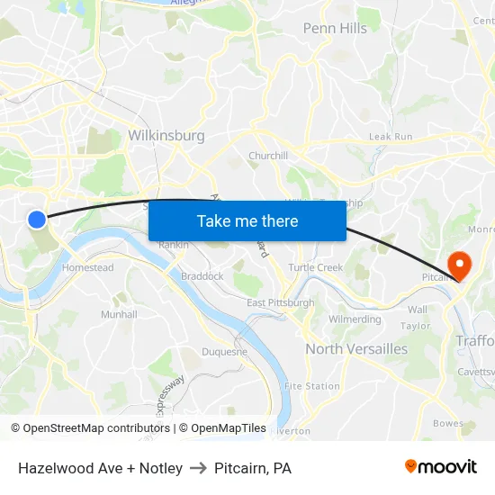 Hazelwood Ave + Notley to Pitcairn, PA map