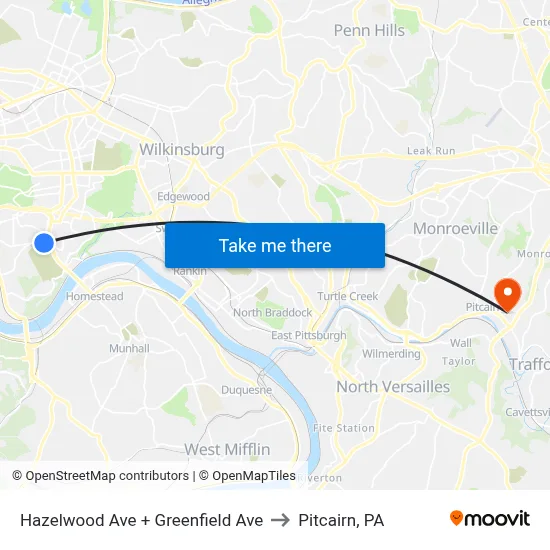 Hazelwood Ave + Greenfield Ave to Pitcairn, PA map