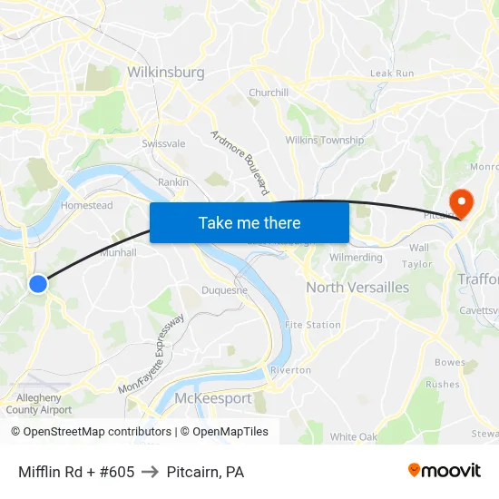 Mifflin Rd + #605 to Pitcairn, PA map