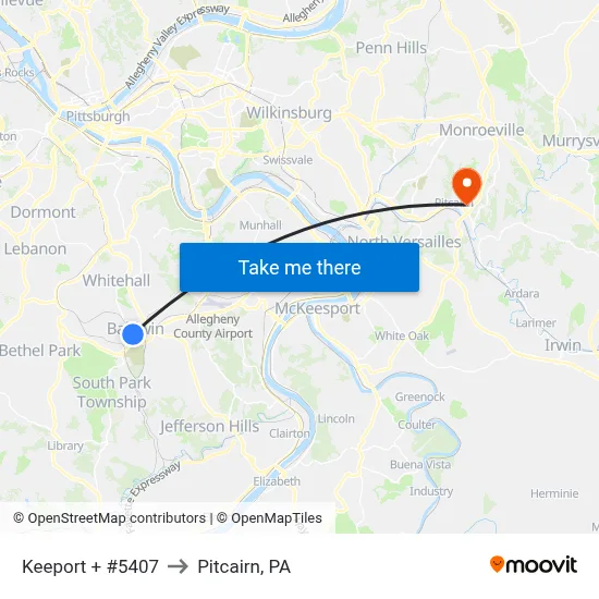Keeport + #5407 to Pitcairn, PA map