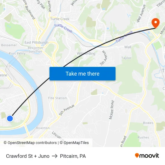 Crawford St + Juno to Pitcairn, PA map