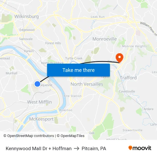 Kennywood Mall Dr + Hoffman to Pitcairn, PA map