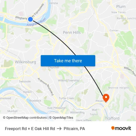 Freeport Rd + E Oak Hill Rd to Pitcairn, PA map