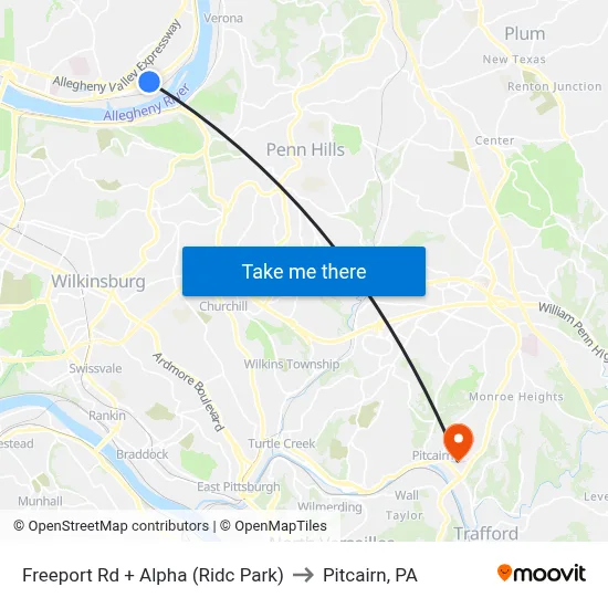 Freeport Rd + Alpha (Ridc Park) to Pitcairn, PA map
