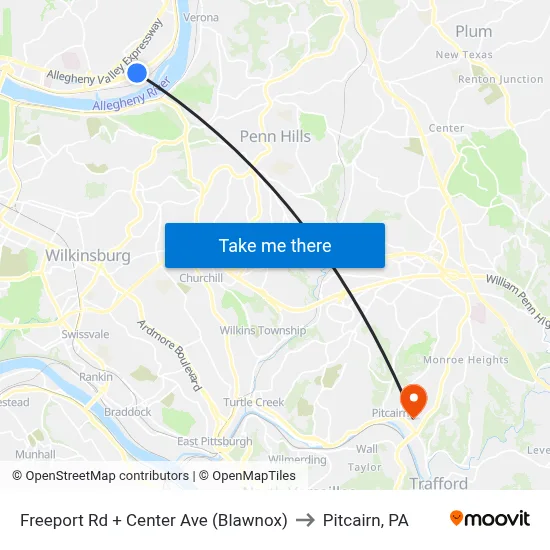 Freeport Rd + Center Ave (Blawnox) to Pitcairn, PA map