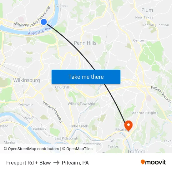 Freeport Rd + Blaw to Pitcairn, PA map