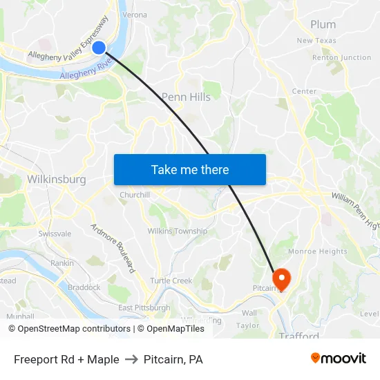 Freeport Rd + Maple to Pitcairn, PA map