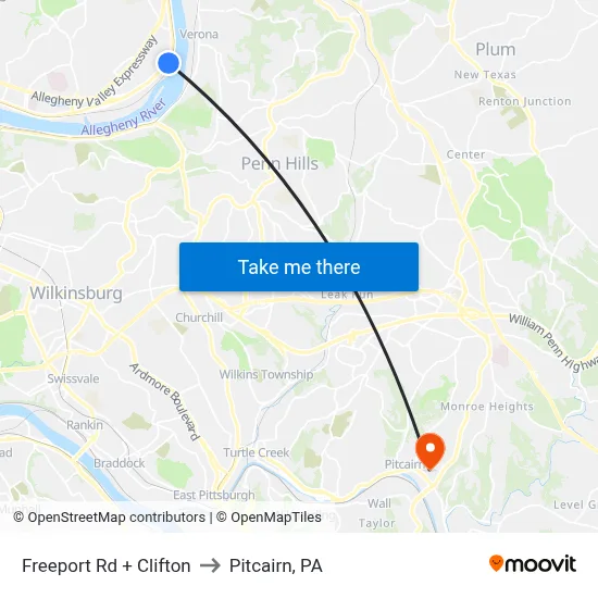 Freeport Rd + Clifton to Pitcairn, PA map