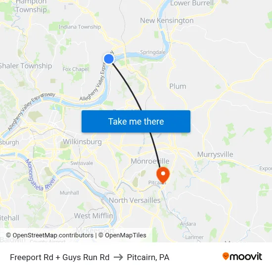 Freeport Rd + Guys Run Rd to Pitcairn, PA map