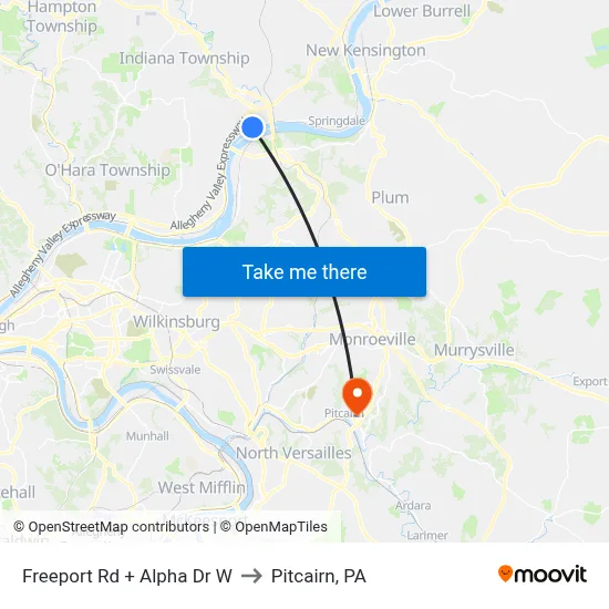 Freeport Rd + Alpha Dr W to Pitcairn, PA map