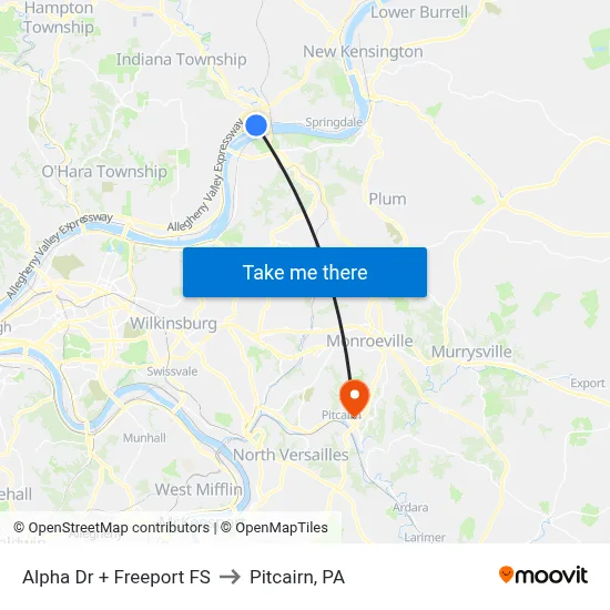 Alpha Dr + Freeport FS to Pitcairn, PA map
