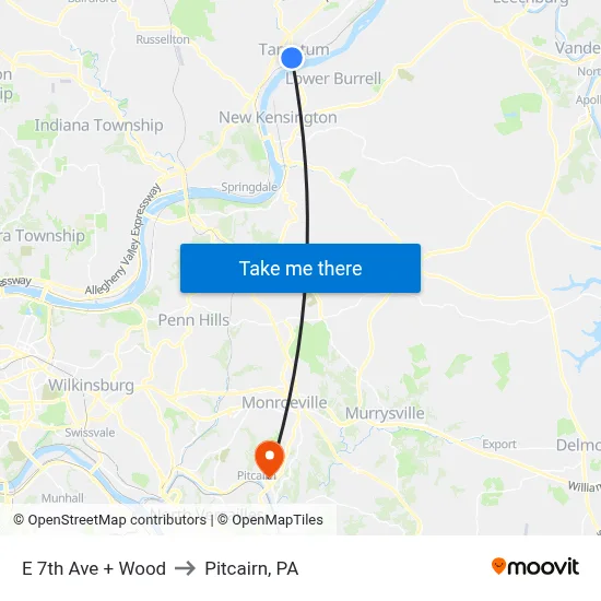 E 7th Ave + Wood to Pitcairn, PA map