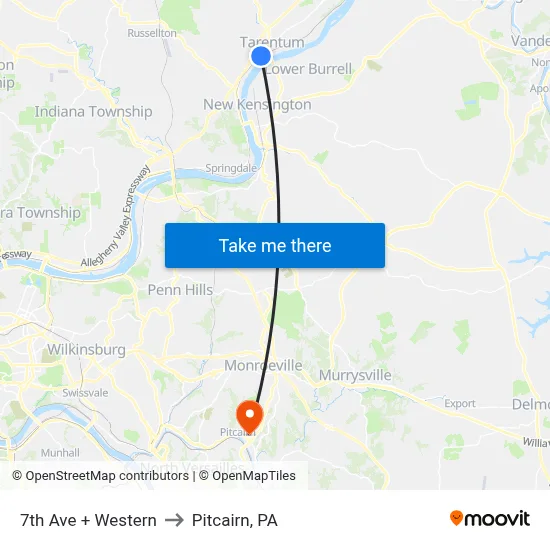 7th Ave + Western to Pitcairn, PA map