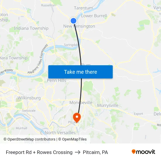 Freeport Rd + Rowes Crossing to Pitcairn, PA map