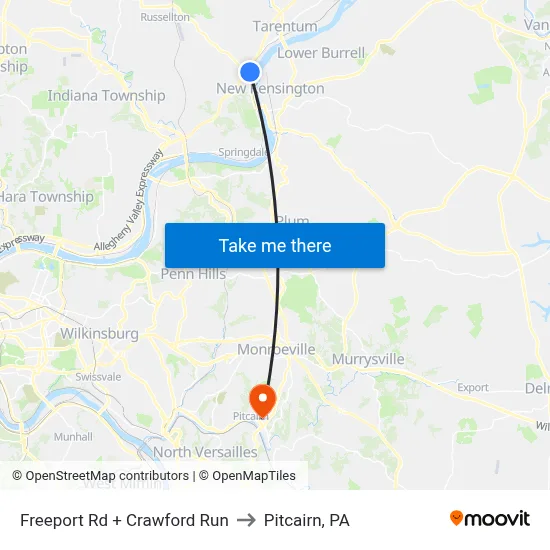 Freeport Rd + Crawford Run to Pitcairn, PA map
