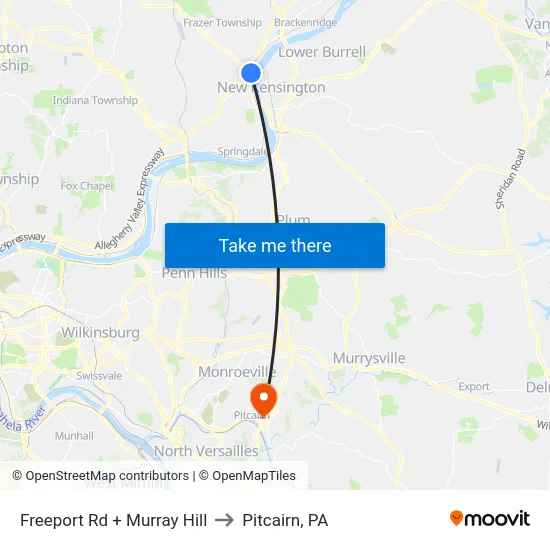 Freeport Rd + Murray Hill to Pitcairn, PA map