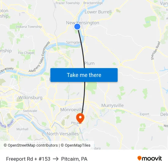 Freeport Rd + #153 to Pitcairn, PA map