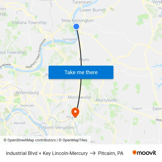 Industrial Blvd + Key Lincoln-Mercury to Pitcairn, PA map