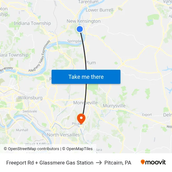 Freeport Rd + Glassmere Gas Station to Pitcairn, PA map
