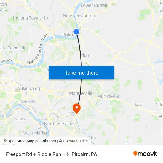 Freeport Rd + Riddle Run to Pitcairn, PA map