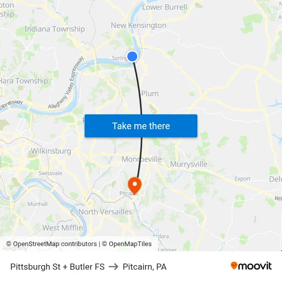 Pittsburgh St + Butler FS to Pitcairn, PA map
