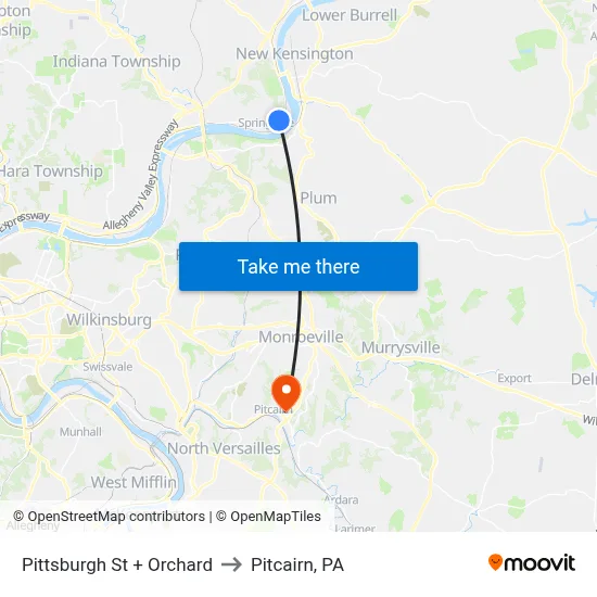 Pittsburgh St + Orchard to Pitcairn, PA map