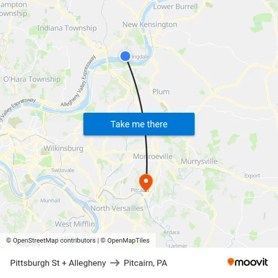 Pittsburgh St + Allegheny to Pitcairn, PA map