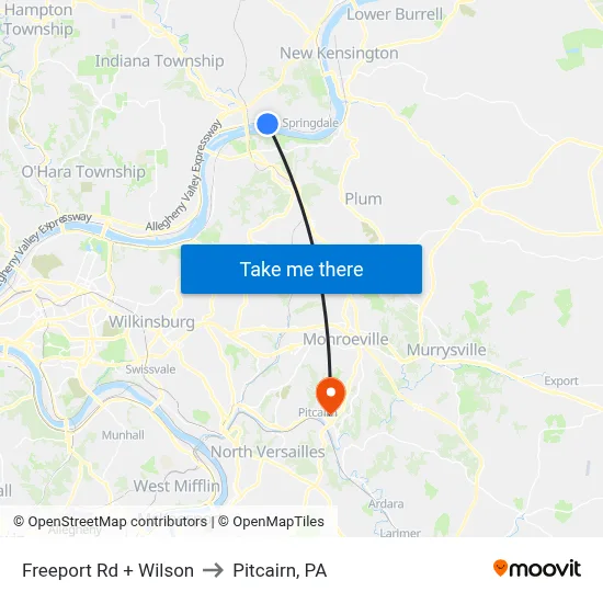 Freeport Rd + Wilson to Pitcairn, PA map