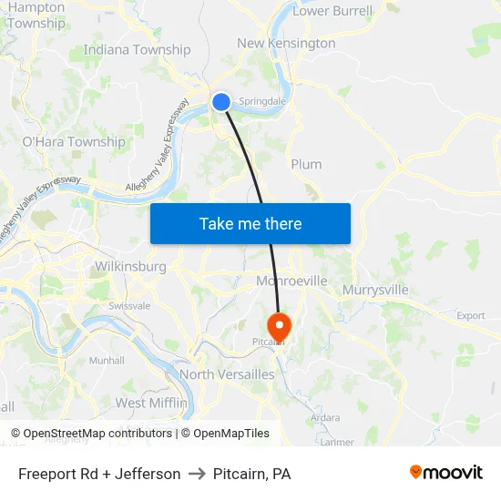 Freeport Rd + Jefferson to Pitcairn, PA map