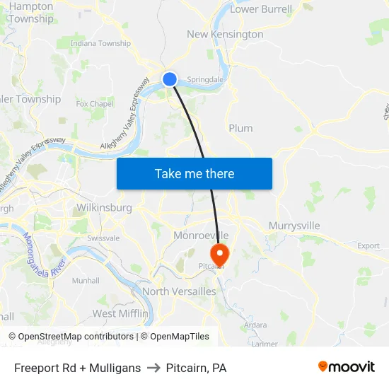 Freeport Rd + Mulligans to Pitcairn, PA map